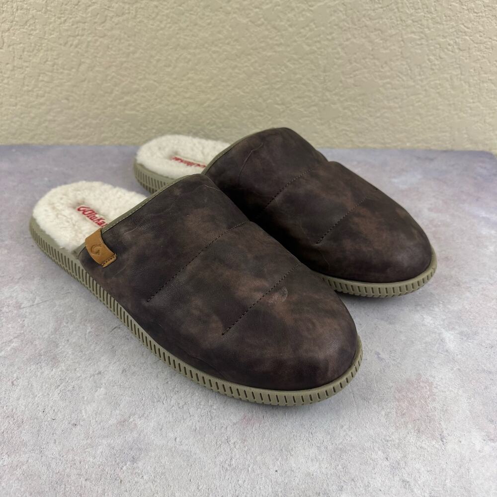 OluKai Mua 'Ili Mule Slippers Mens Size 11 44 Leather Shearling Shoes 10502-6321